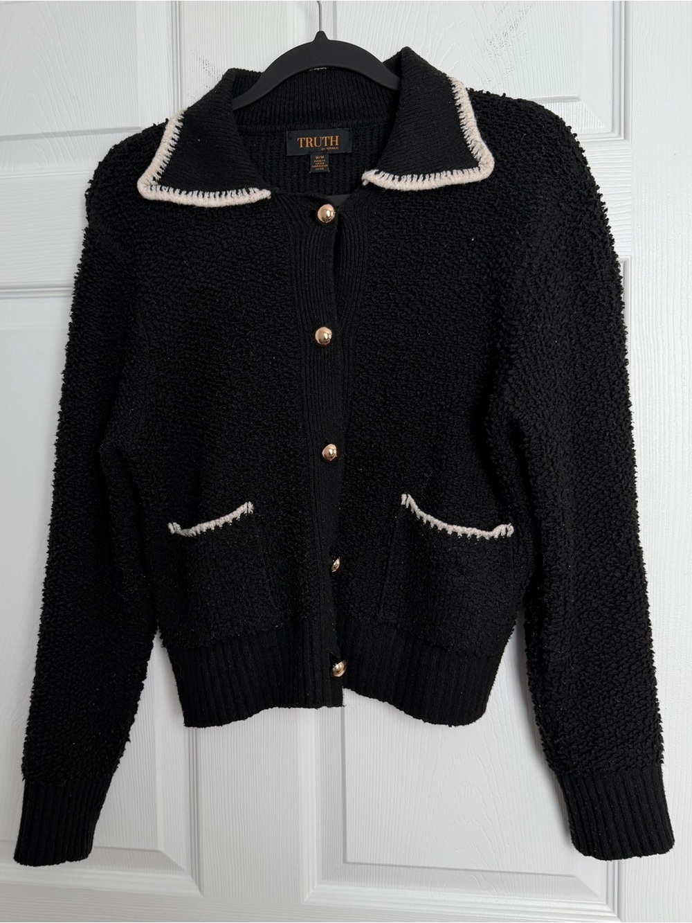 Truth Black Teddy Cardigan with White Trim and Gold Buttons